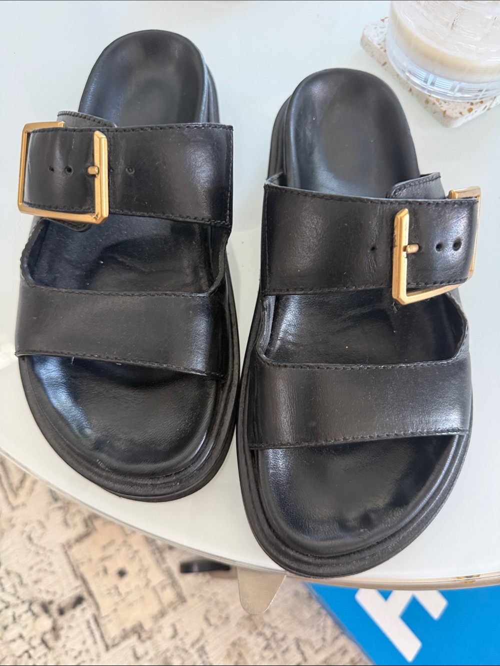Zadig & Voltaire Black Leather Sandals with Gold Buckles